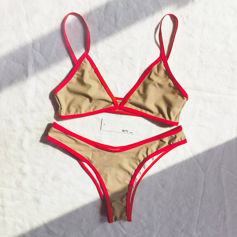 Solid Color Twisted Trim Bikini Set