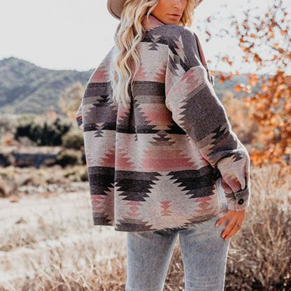 Oversized Vintage Aztec Long Sleeves Shirt Jacket