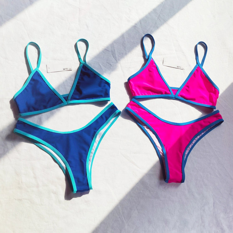 Solid Color Twisted Trim Bikini Set