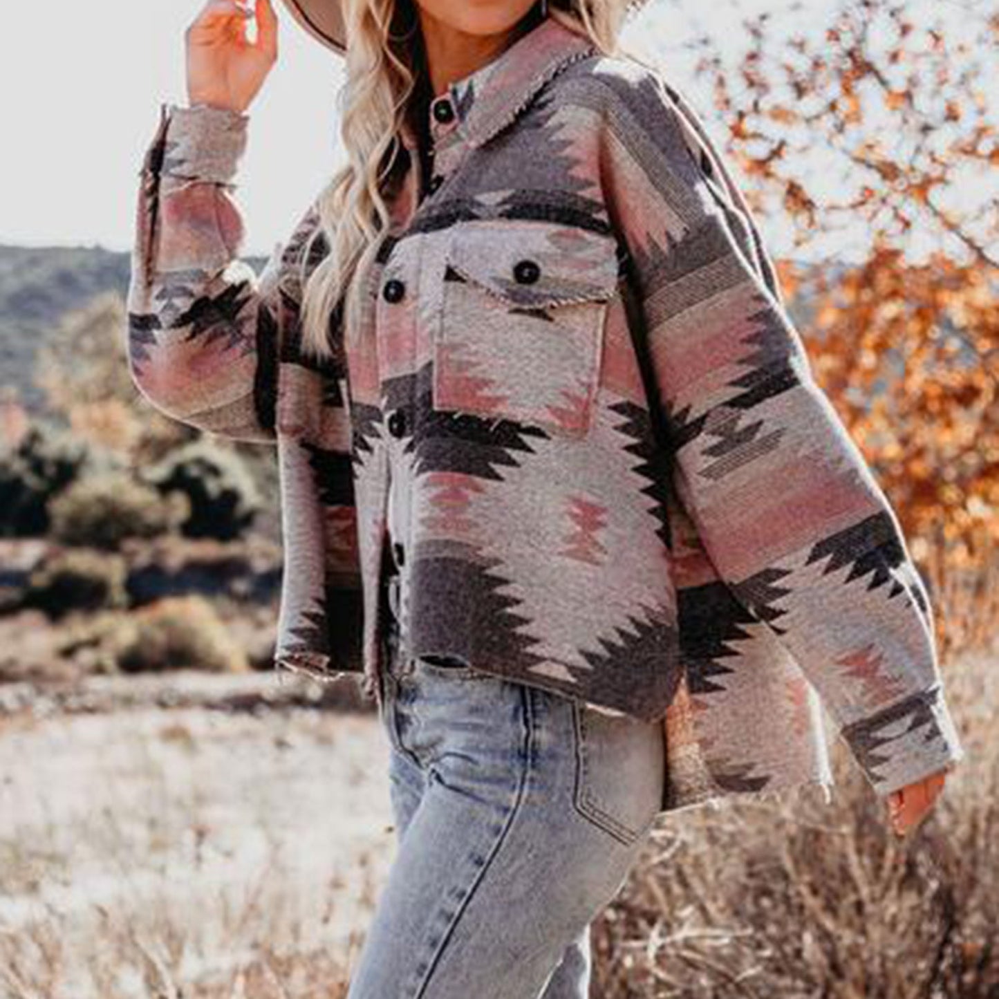 Oversized Vintage Aztec Long Sleeves Shirt Jacket