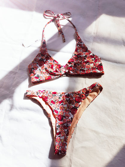 Floral Print Ring Decor Triangle Bikini Swimsuit