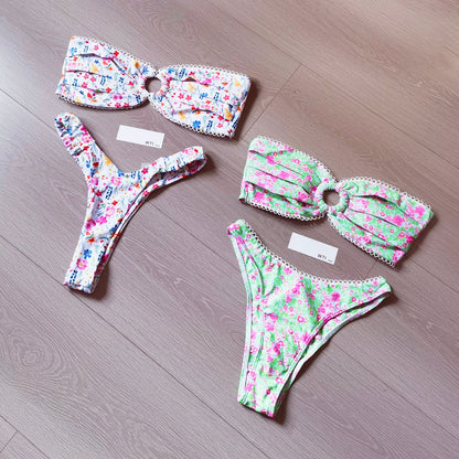 Floral Print High Cut Bandeaux Bikini Swimsuit