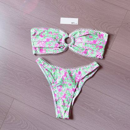 Floral Print High Cut Bandeaux Bikini Swimsuit