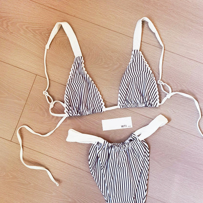 Stripes Print Triangle Bikini Swimsuit