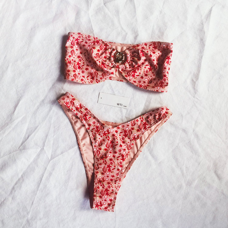 Floral Print Front Ring Bandeaux Bikini Swimsuit