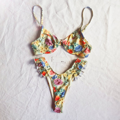 Floral Print Ruffle Hem Underwire Bikini Swimsuit