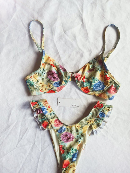 Floral Print Ruffle Hem Underwire Bikini Swimsuit