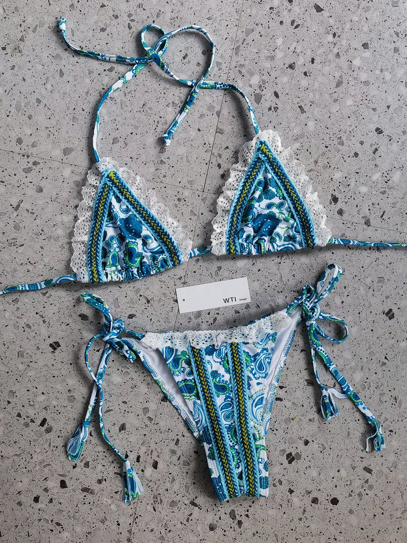 Cute Floral Ruffle Hems Triangle Bikini