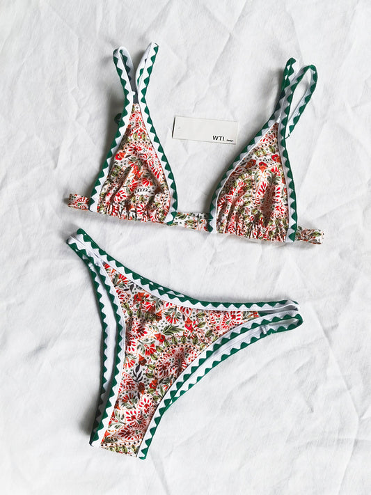 Floral Print Crochet Hem Triangle Bikini Swimsuit