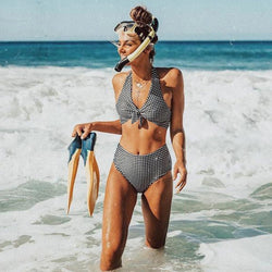 Gingham Bow Tie Front Crossed Back High Waist Bikini Set - worthtryit.com