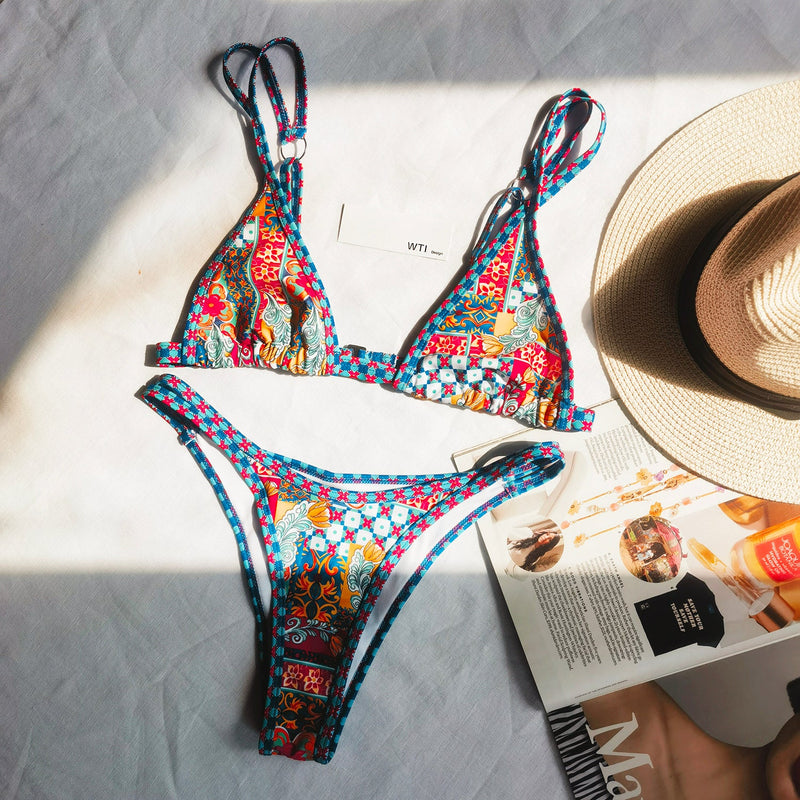 Boho Print Triangle Bikini Swimsuit