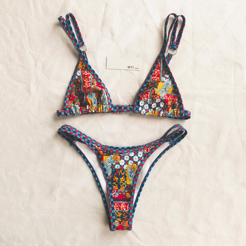 Boho Print Triangle Bikini Swimsuit