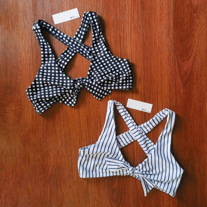 Gingham Bow Tie Front Crossed Back High Waist Bikini Set