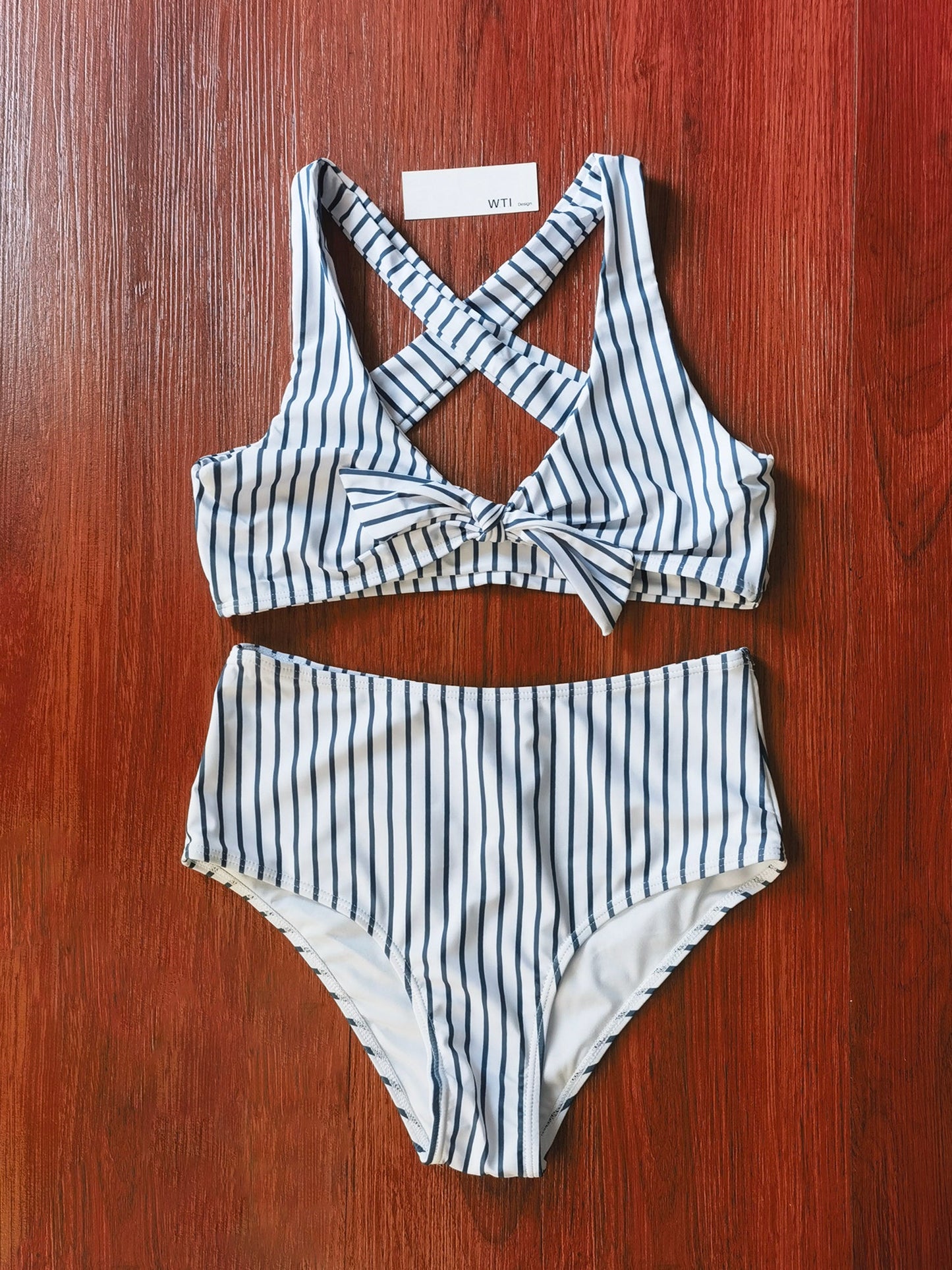 Gingham Bow Tie Front Crossed Back High Waist Bikini Set