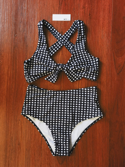 Gingham Bow Tie Front Crossed Back High Waist Bikini Set