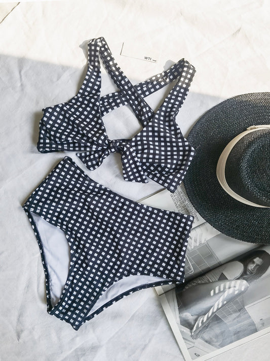 Gingham Bow Tie Front Crossed Back High Waist Bikini Set