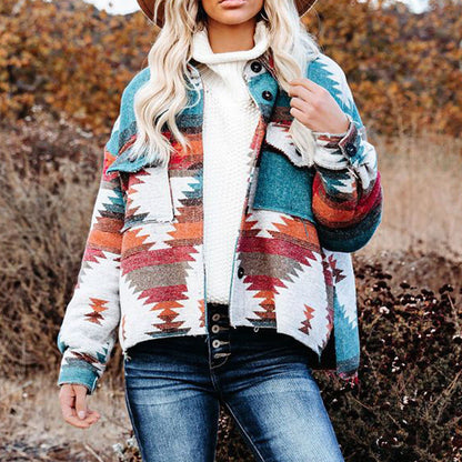 Oversized Vintage Aztec Long Sleeves Shirt Jacket