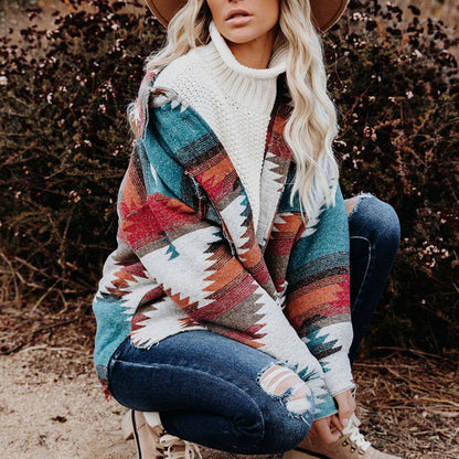 Oversized Vintage Aztec Long Sleeves Shirt Jacket