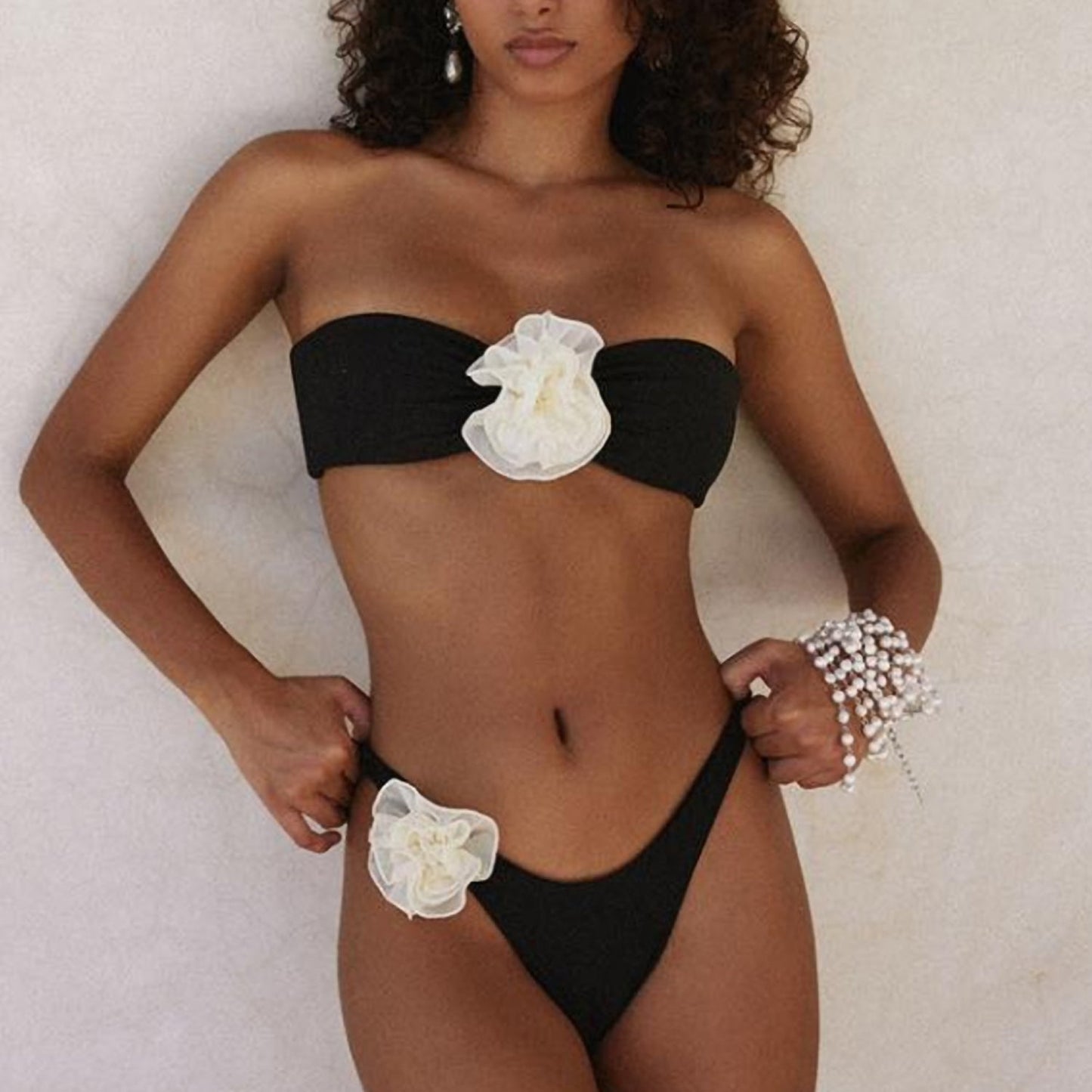 3D Floral Petals Bandeaux Bikini Swimsuit