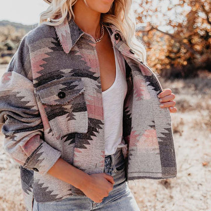 Oversized Vintage Aztec Long Sleeves Shirt Jacket