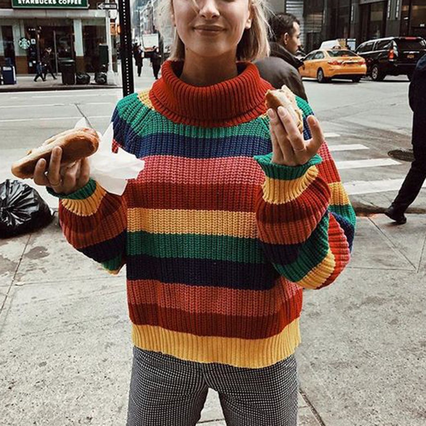 Oversize Rainbow Puff Shoulder Pullover Sweater - worthtryit.com