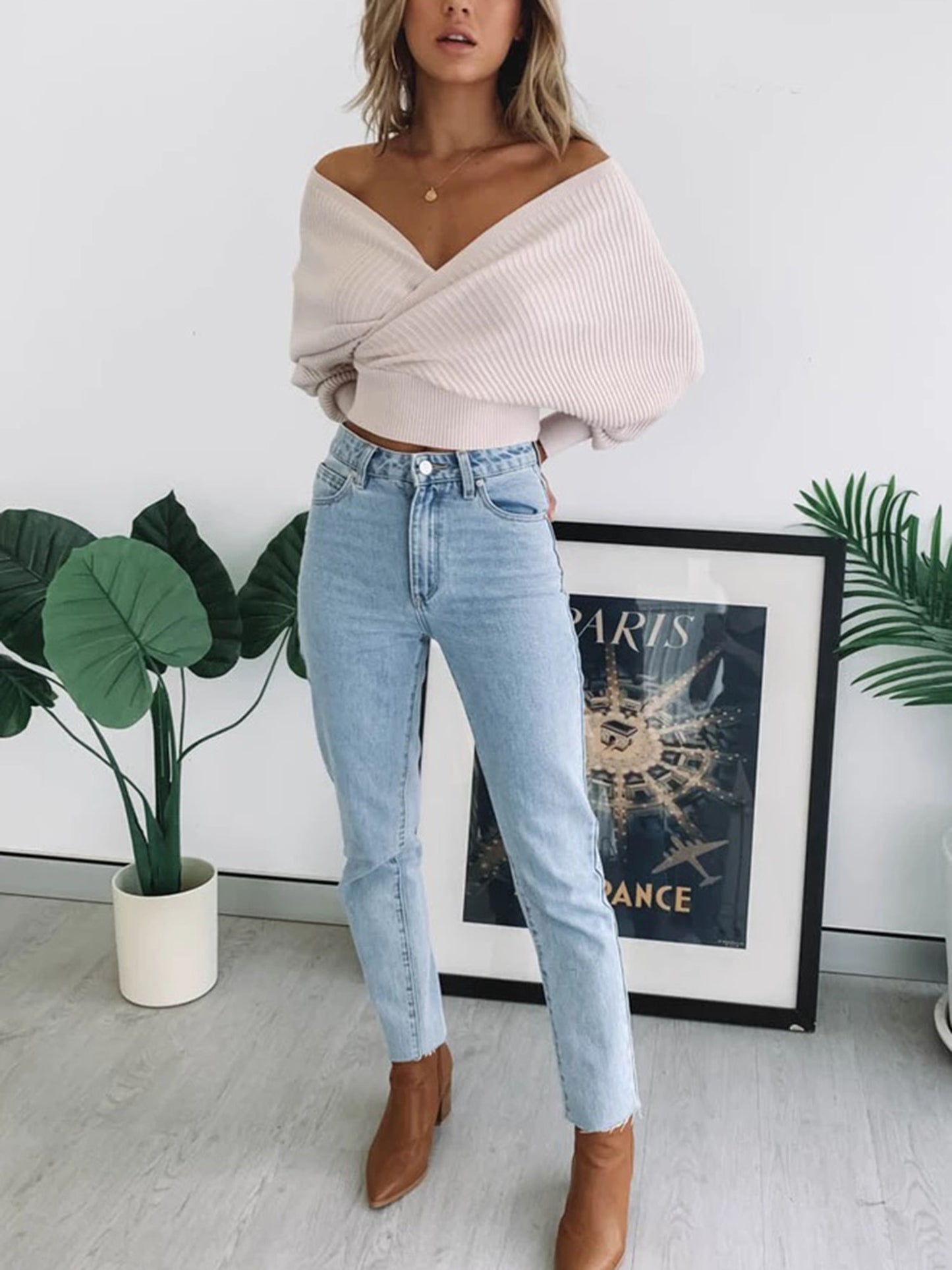 Rib Off Shoulder Lace Up Front Knit Sweater