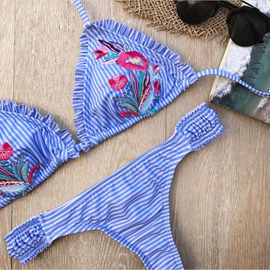 Embroidery Stripped Ruffle Trim Bikini Set -Blue - worthtryit.com