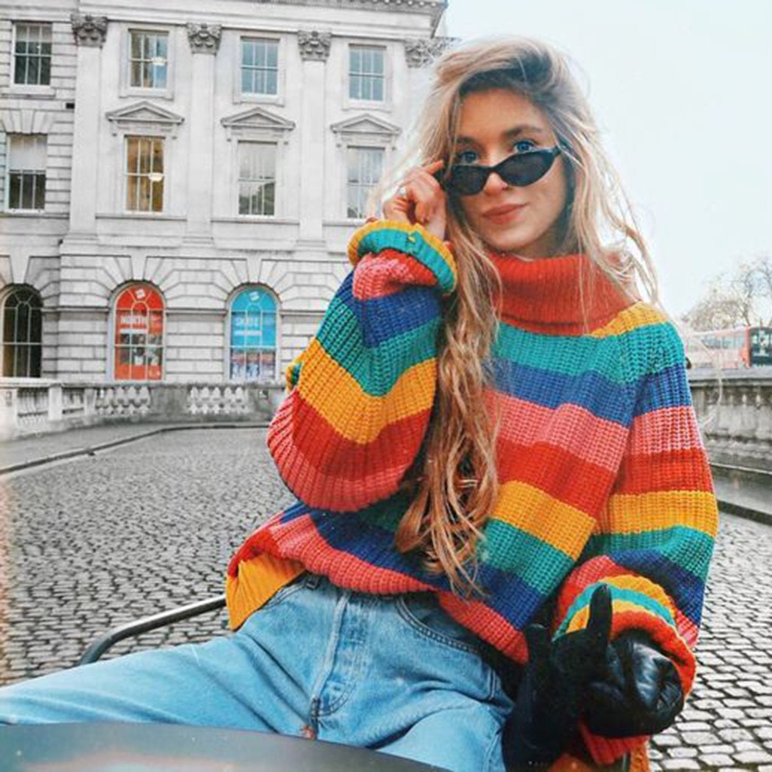 Oversize Rainbow Puff Shoulder Pullover Sweater - worthtryit.com