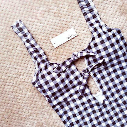 Gingham Multi Front Tie Bow Backless One Piece Swimsuit - worthtryit.com