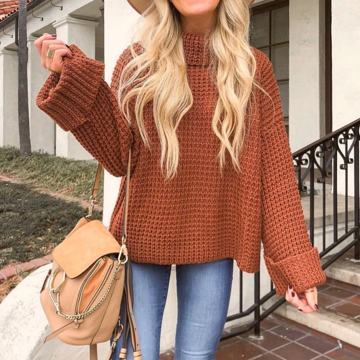 Cute High Neck Bell Sleeves Knit Sweater