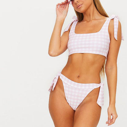 Checked Shoulder Tie High Rise Crop Top Bikini Set - worthtryit.com