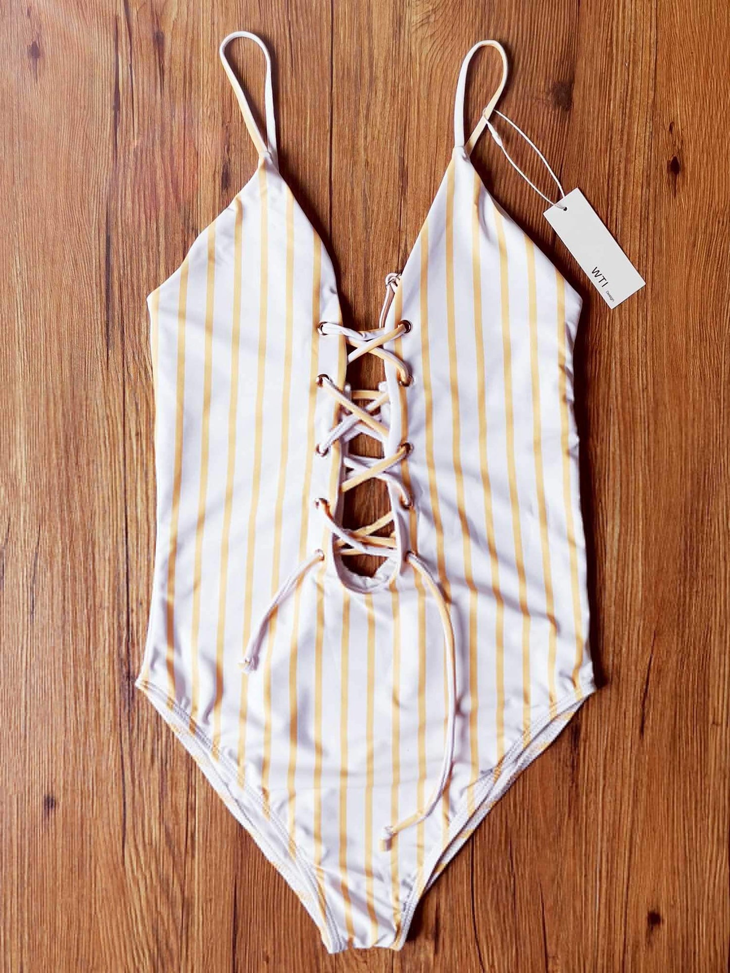 Yellow Striped Lace Up Front Back One Piece Swimsuit - worthtryit.com