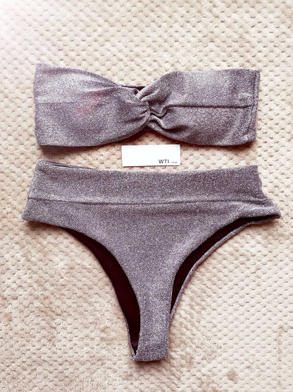 Silver Knit Twisted Bandeaux High Waisted Bikini Swimsuit - worthtryit.com