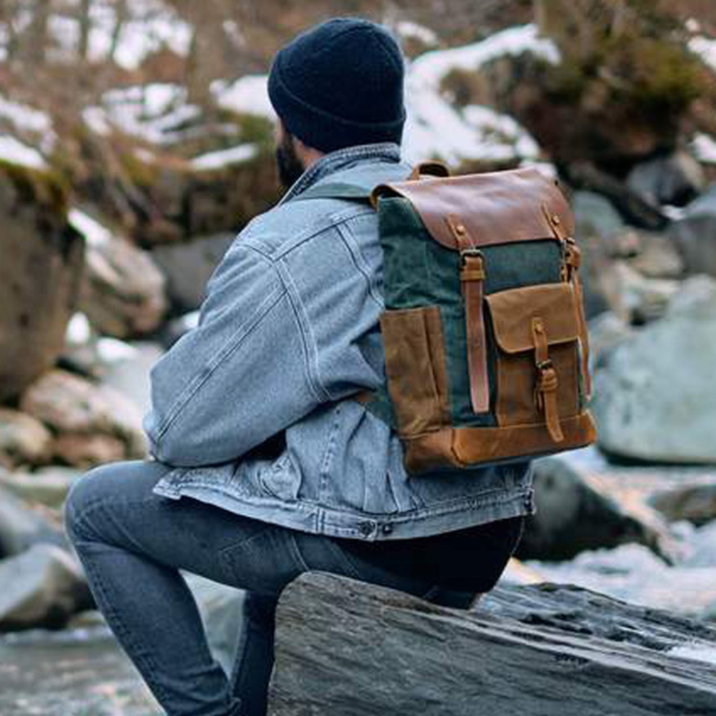 Vintage Style Unisex Canvas & Leather Rucksack Backpack 14"