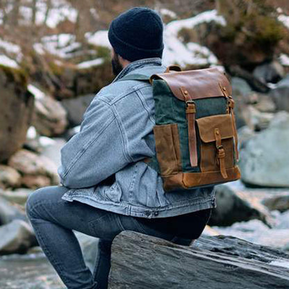 Vintage Style Unisex Canvas & Leather Rucksack Backpack 14"