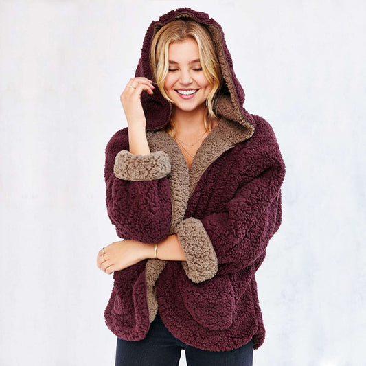 Reversible Faux fur Hoodie Coat Fuzzy Jacket - worthtryit.com