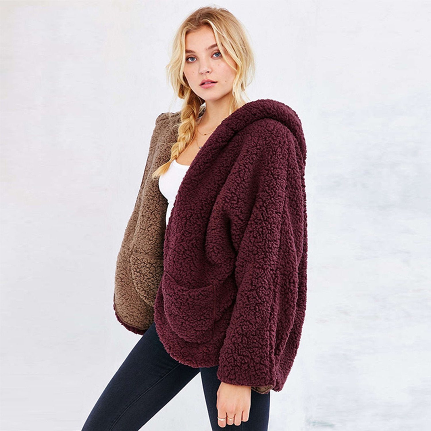 Reversible Faux fur Hoodie Coat Fuzzy Jacket - worthtryit.com