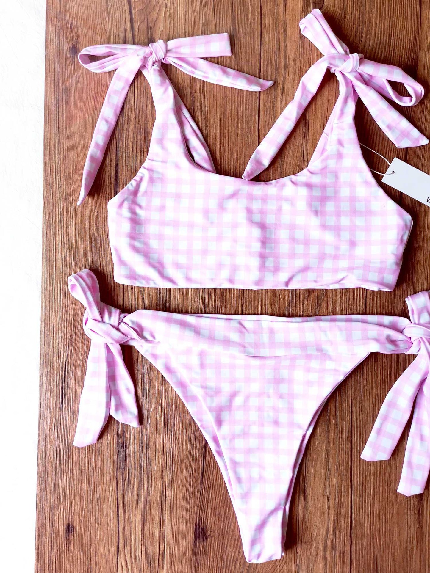 Checked Shoulder Tie High Rise Crop Top Bikini Set - worthtryit.com