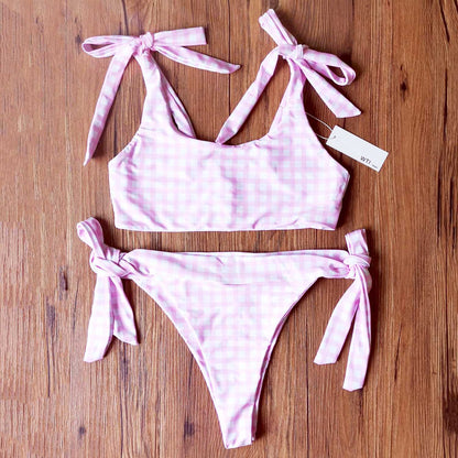 Checked Shoulder Tie High Rise Crop Top Bikini Set - worthtryit.com