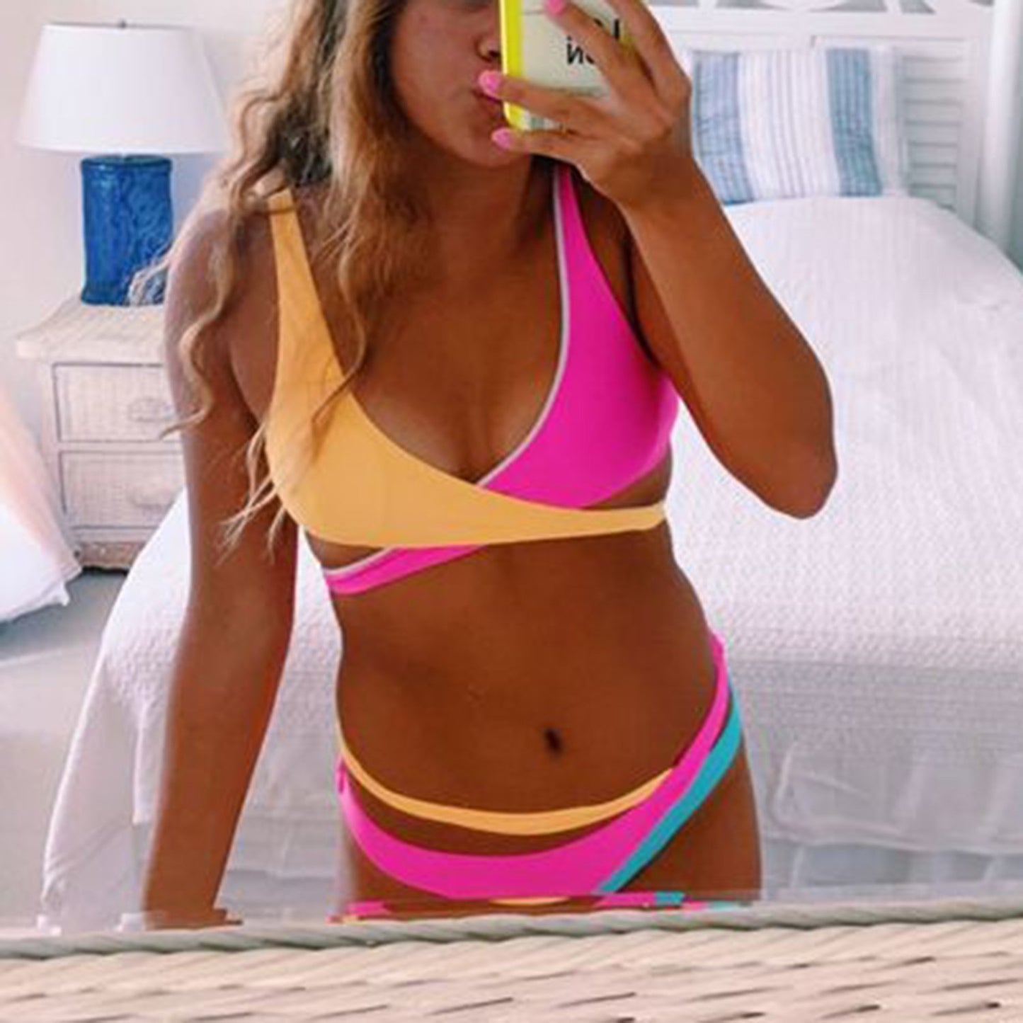 Color Blocked Lace Up Tie Crop Bikini Swimsuit