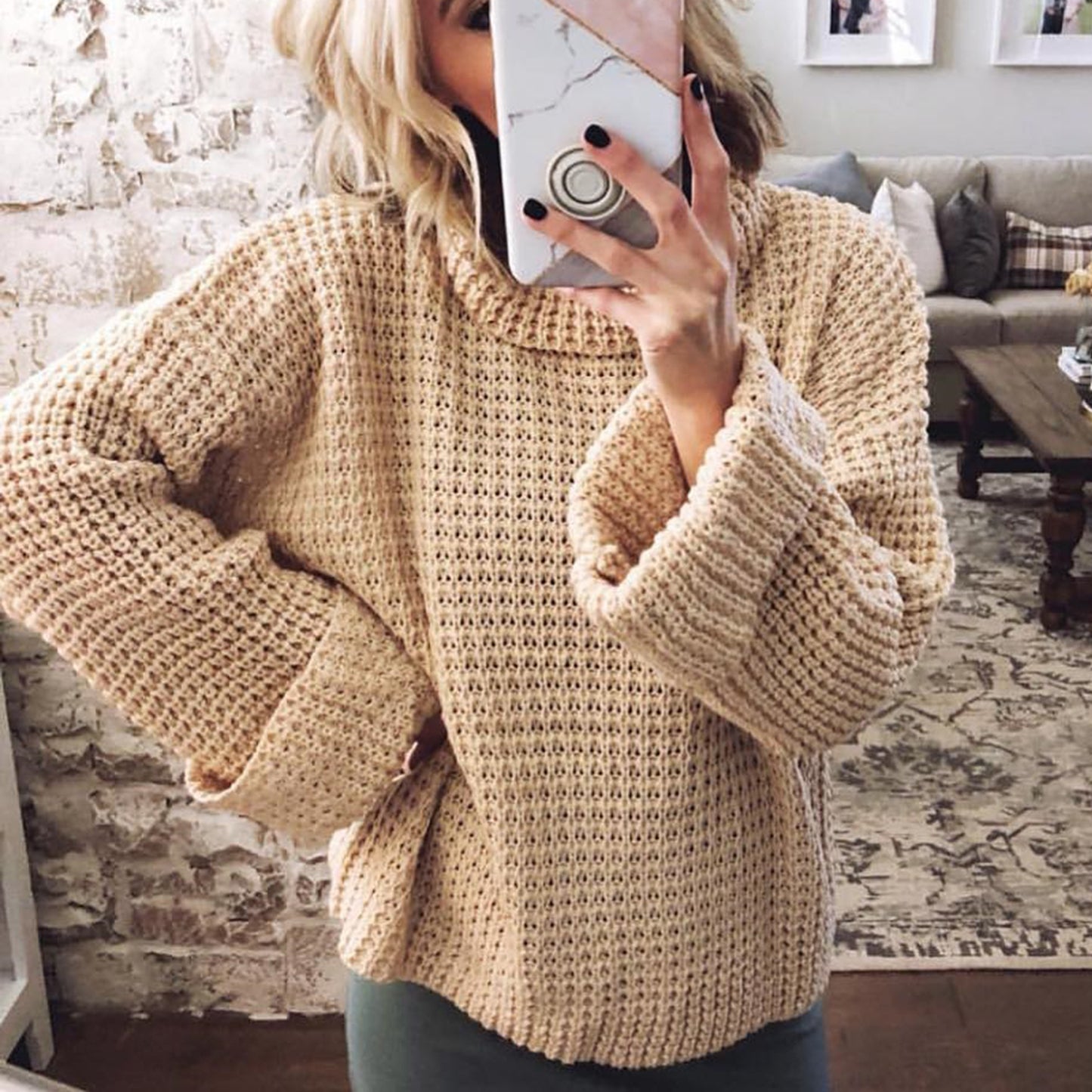 Cute High Neck Bell Sleeves Knit Sweater