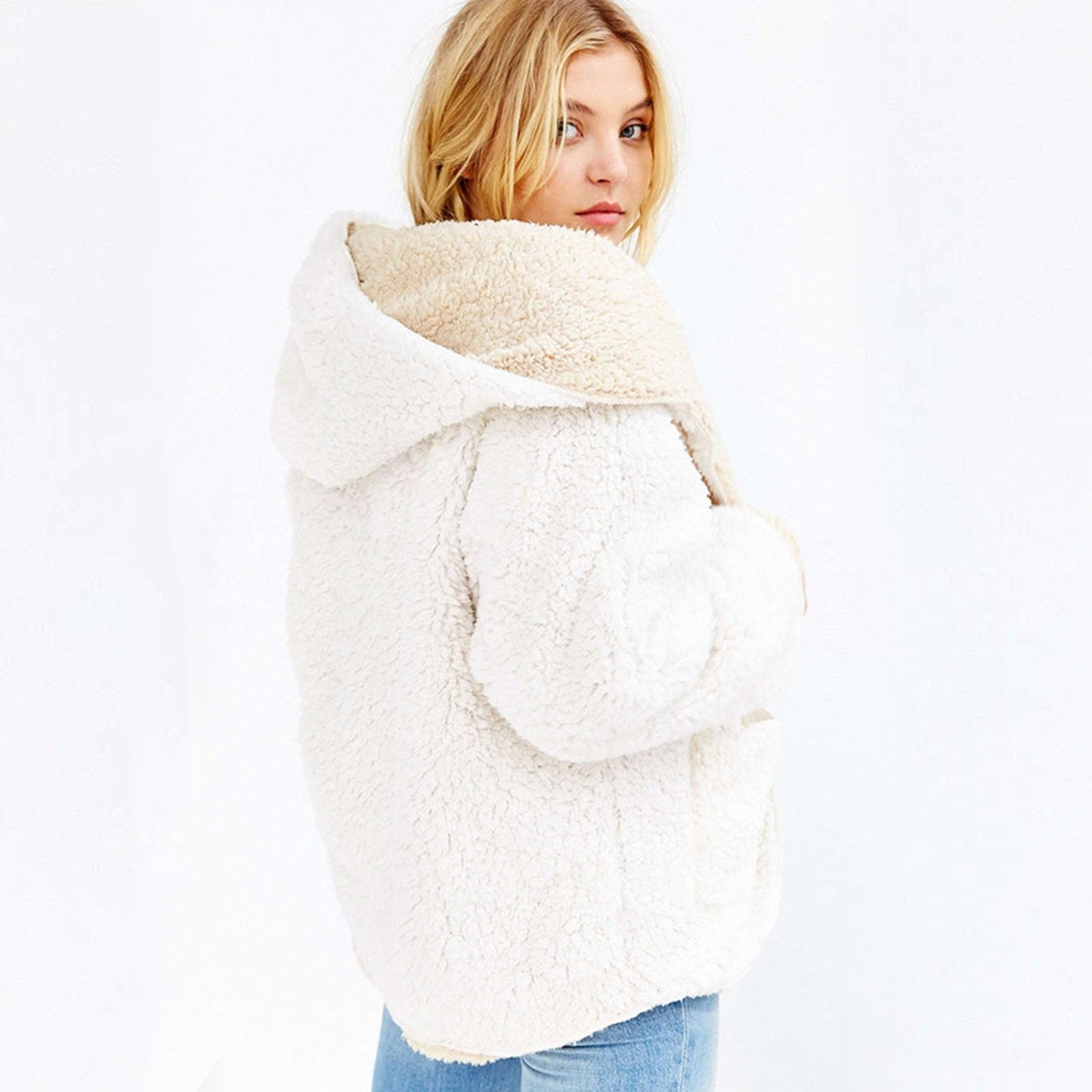 Reversible Faux fur Hoodie Coat Fuzzy Jacket - worthtryit.com