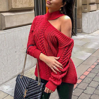 High Neck One Shoulder Off Knit Sweater