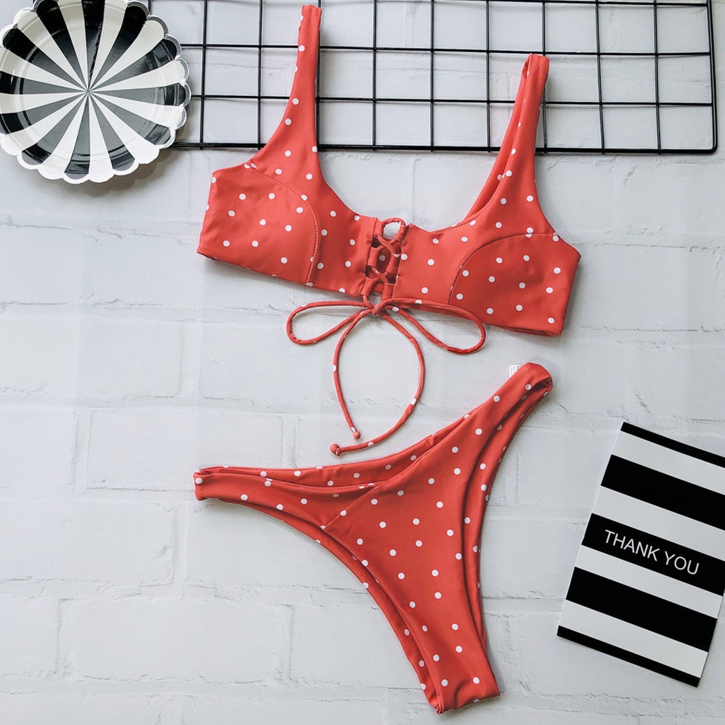 Cute Spot Lace Up Crop Top Bikini Set - worthtryit.com