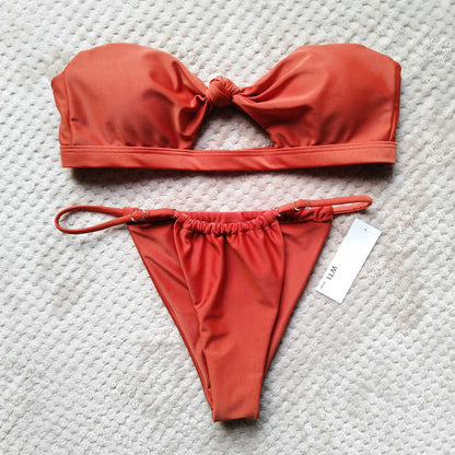 Front Knot Cut Out Front Bandeaux Bikini Set - worthtryit.com