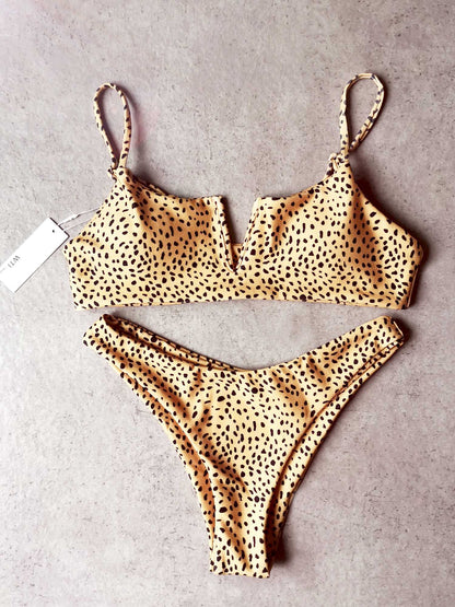 Ribbed Leopard Print V Neck Crop Top Bikini Set - worthtryit.com