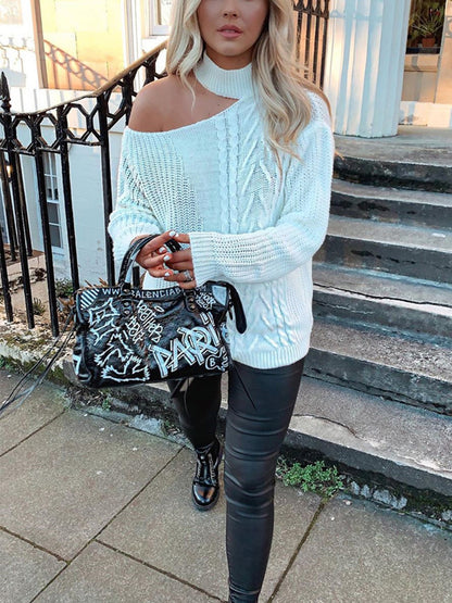 High Neck One Shoulder Off Knit Sweater