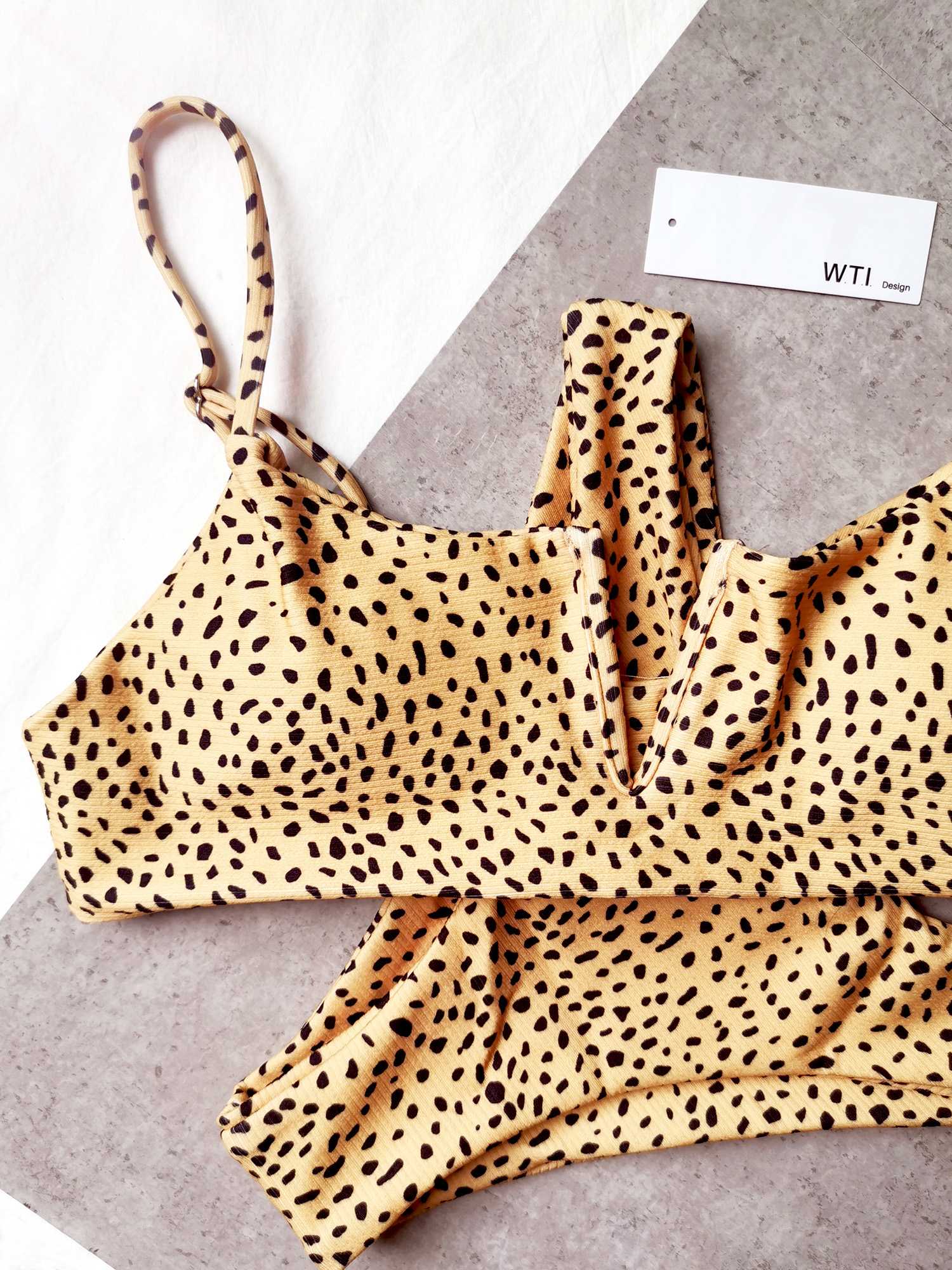 Ribbed Leopard Print V Neck Crop Top Bikini Set - worthtryit.com