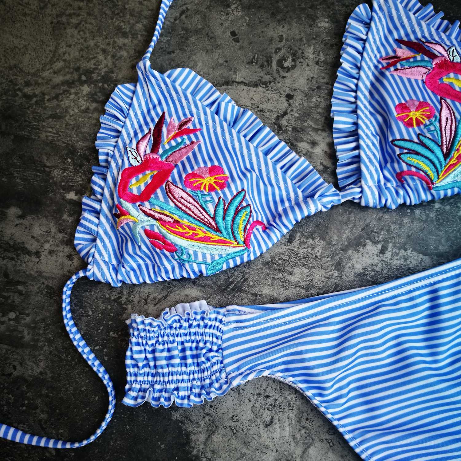 Embroidery Stripped Ruffle Trim Bikini Set -Blue - worthtryit.com