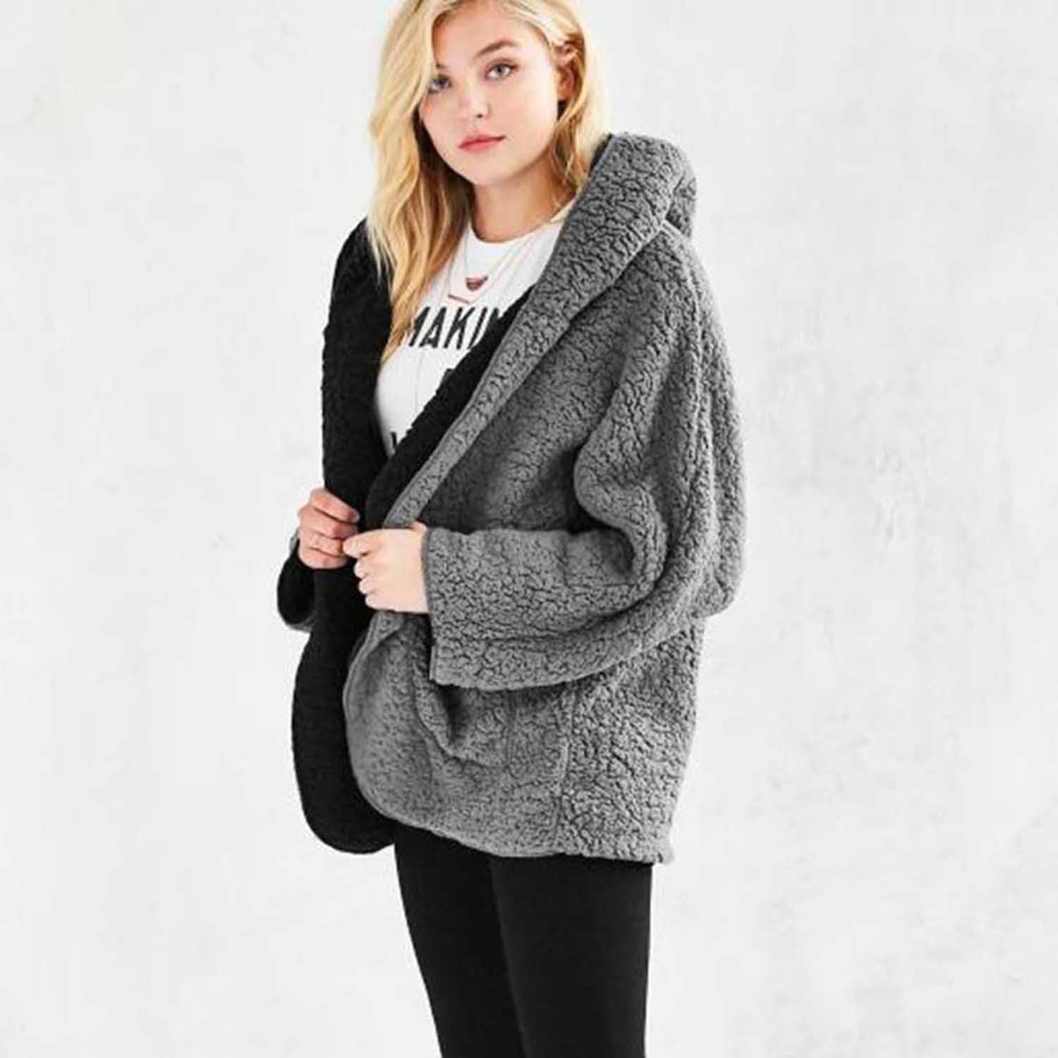 Reversible Faux fur Hoodie Coat Fuzzy Jacket - worthtryit.com